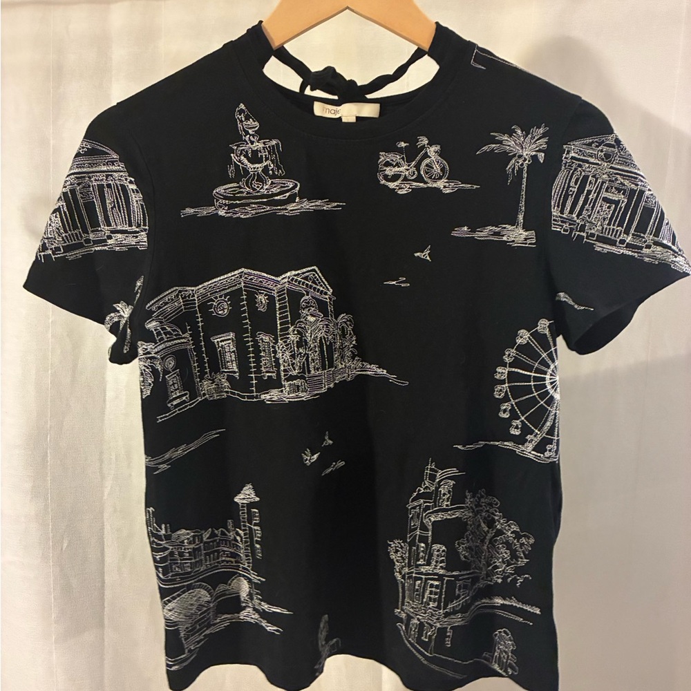 Maje Embroidered Paris Tee w/ Tie Back Neck